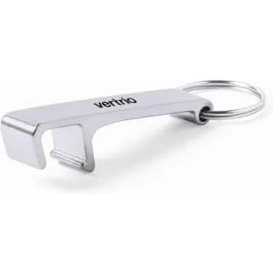 A silver keychain bottle opener with a simple design and a logo on its surface.