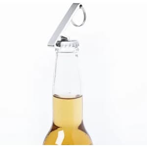 A drink bottle with a clear body featuring a silver metal cap and a metal handle attached to the top.