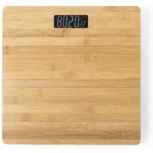 A digital weighing scale with a bamboo texture and a black display on top.