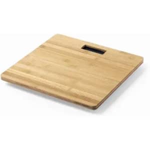 A wooden chopping board with a smooth surface and a handle. The board has a natural bamboo finish.