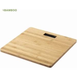A bamboo cutting board with a square shape and a handle cut-out. Features a light, natural wood finish.