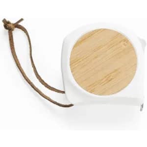 A white tape measure with a wooden top and a brown cord. It has a minimalist design suitable for various uses.