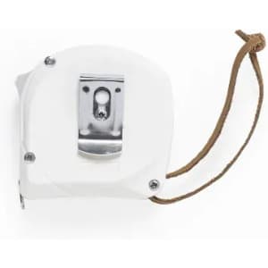A tape measure in white with a silver metal clip and a brown strap attached.