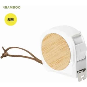 A measuring tape featuring a bamboo face, white casing, and a leather strap, marked for 5 metres in length.