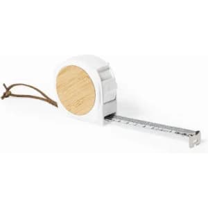 A measuring tape with a white body and a wooden accent, featuring a retractable metal tape.