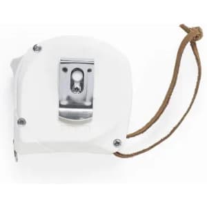 A tape measure in white with a metal clip and leather strap, featuring a retractable measuring tape.