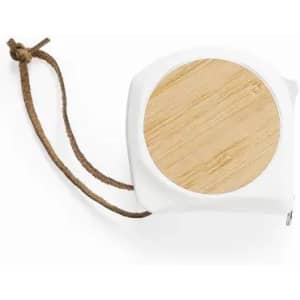 A measuring tape with a bamboo top and white casing, featuring a leather strap for easy handling.