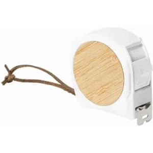 A tape measure with a white plastic casing and a wooden accent, featuring a brown strap for easy carrying.