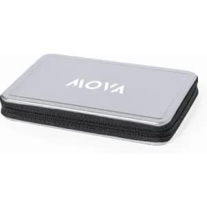 A grey and black zippered case with a branded logo on top, featuring a sleek, rectangular design.
