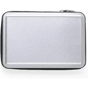 A silver, zippered case with a smooth surface and black trim, suitable for storage or organisation.