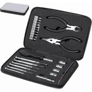 A tool set containing pliers, various screwdrivers, and sockets in a black zippered case. It has a grey lid.