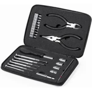 A tool kit featuring various screwdriver bits, pliers, and a range of socket sizes, all in a black zippered case.