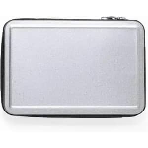 A silver promotional product with a textured surface and a zip closure, featuring a logo on the front.