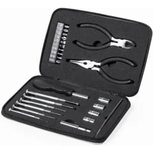 A tool kit with various tools including pliers, screwdrivers, and sockets, all housed in a zippered black case.