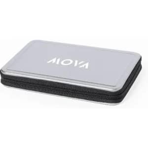 A grey zippered case with a silver interior, featuring a prominent logo on the top.