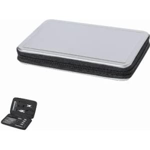 A sleek, silver card holder with a black zipper, containing two credit card-sized tools.