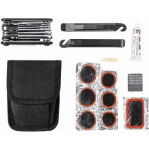 A multi-tool kit featuring several tools, adhesive patches, and a black carrying pouch.