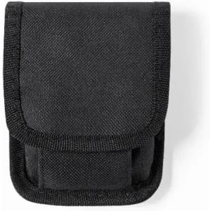 A black pouch with a flap closure, featuring stitched edges for added durability. It has a simple, functional design.