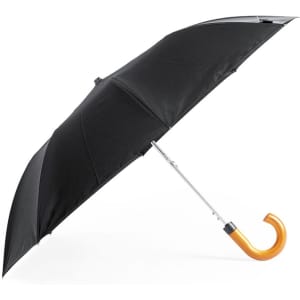A black umbrella with a curved wooden handle and a silver-toned frame, featuring a sleek design.