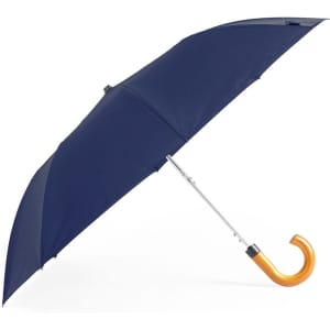 A navy blue umbrella with a curved orange handle and a silver metal shaft. It features a branding logo.