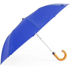 A blue umbrella with a curved orange handle and a silver shaft. It features a branded logo.