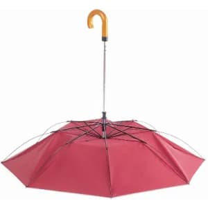 A red umbrella with a curved, tan handle and silver frame. It features a classic design with multiple panels.