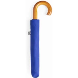 A blue umbrella with a wooden curved handle, featuring a protective cover. It has a logo on the sleeve.