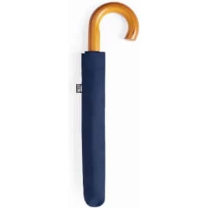 A navy umbrella with a wooden curved handle, featuring a fabric sleeve for storage.