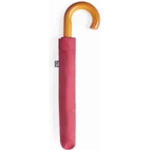 A maroon umbrella with a wooden curved handle, stored in a matching sleeve.