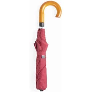 A burgundy umbrella with a curved wooden handle, featuring a branded logo on the shaft.