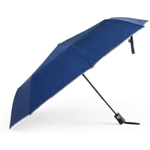 A navy blue umbrella with a curved handle and a logo, featuring a sleek design and a lightweight structure.