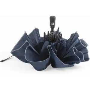 A navy blue umbrella with a compact design, featuring multiple fabric segments and a black handle.