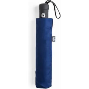 A drink bottle in a navy blue fabric sleeve with a black handle and a small strap for carrying.