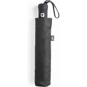 A black umbrella with a slim, cylindrical handle and a wrist strap, wrapped in a matching sleeve.
