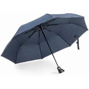 A navy umbrella with a black handle and a sturdy frame, featuring a logo on the canopy.