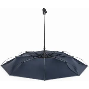 A navy umbrella with a black handle, featuring a central support and multiple ribs for structure.