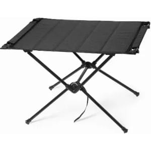A portable camping table in black, featuring a foldable design with sturdy legs for stability.