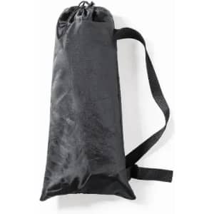 A black drawstring bag with a strap, made from a lightweight material. It features a cinched top.