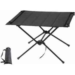 A portable black folding table with a compact carrying bag, designed for easy storage and transport.