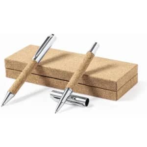 A pen set with cork barrels and chrome accents, displayed on a cork box.