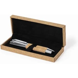 A pen set featuring a cork barrel and chrome accents, presented in a black-lined gift box.