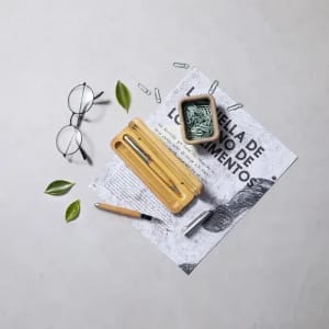 A desk setup featuring a bamboo pen case, a silver pen, glasses, paper, and a plant.