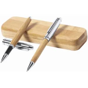 A set of two wooden pens with silver accents on a bamboo pen holder. The pens are displayed on a light wooden base.