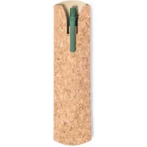 A pen case made of cork, featuring a green pen inside and a minimalist design.