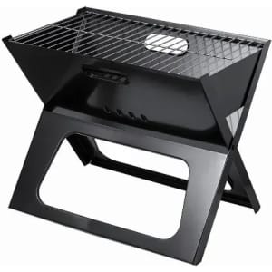 A portable black barbeque with a grilling surface and an open lid, featuring a foldable design.