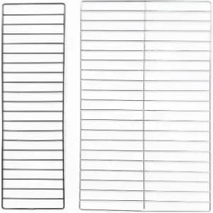 Two metal cooling racks with parallel lines, one larger than the other, both in black.