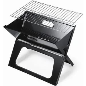 A portable barbecue grill made of black metal with a mesh cooking surface and a foldable design.