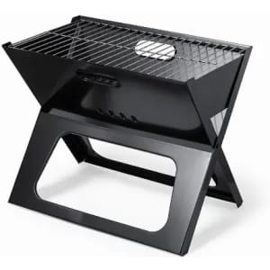 A portable black grill with a triangular shape, a metal grilling surface, and a sturdy base.
