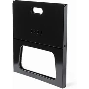 A black, foldable product stand with a handle and cut-out design, featuring multiple ventilation holes.