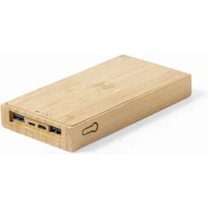 A bamboo power bank featuring multiple USB ports and a branding logo on the side.